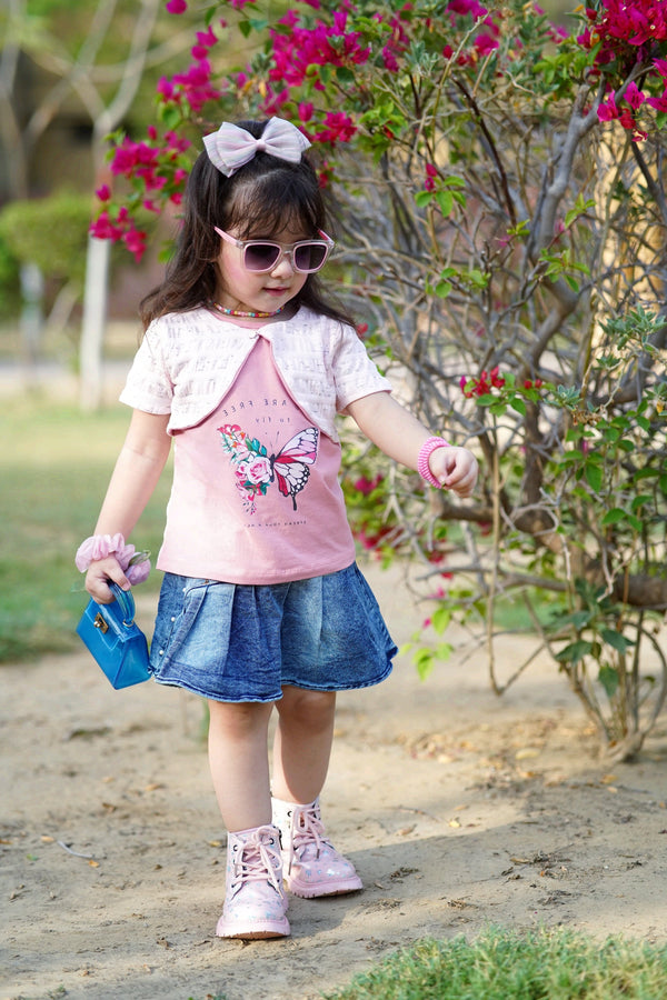 Koti Style Butterfly T-Shirt Plaid & Denim Skirt Suit