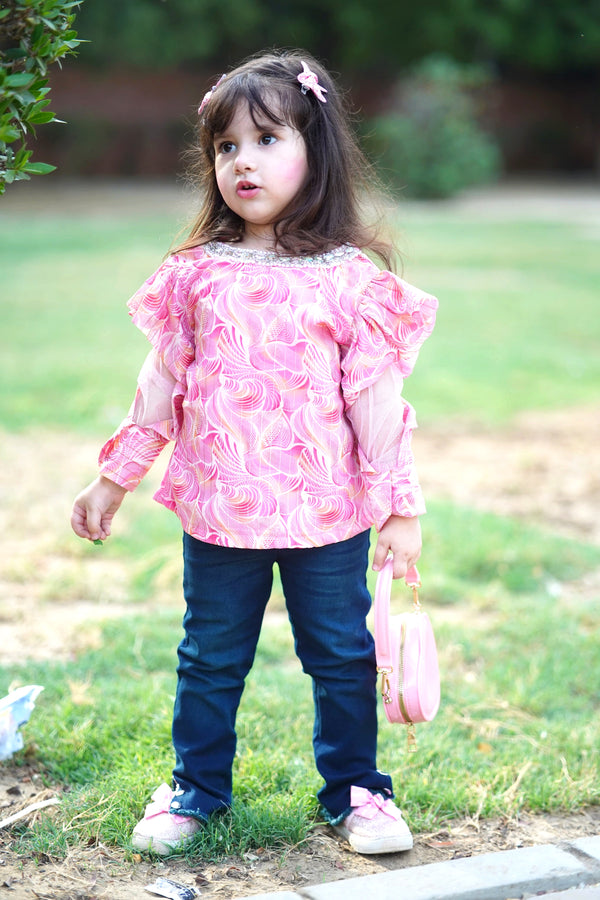 Beaded Neckline Top & Denim Jeans